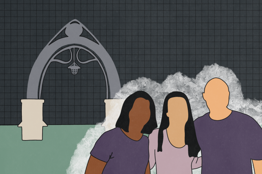 Illustration of three people standing in front of The Arch.