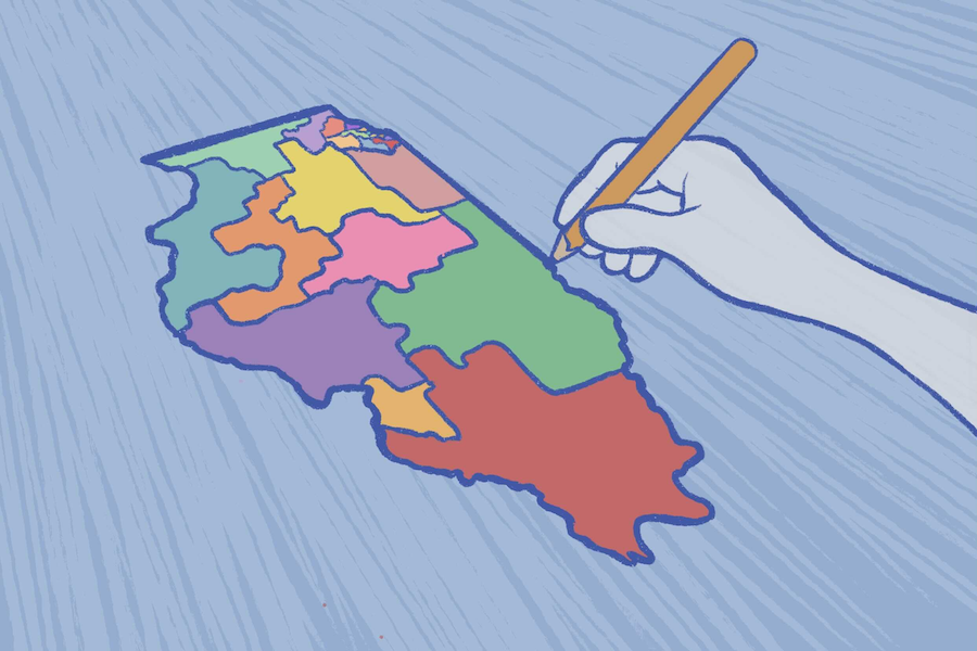 An illustration of a hand drawing a map of the shape of Illinois.
