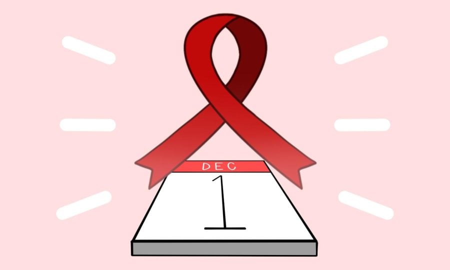 December calendar with a red ribbon on the Dec. 1 box.