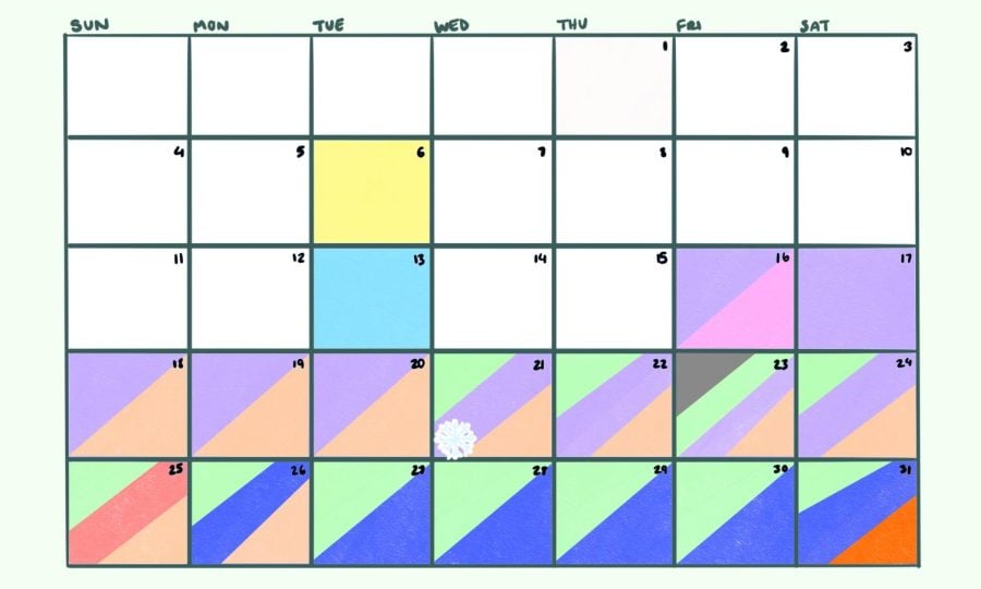 A calendar of December with a green and red border.