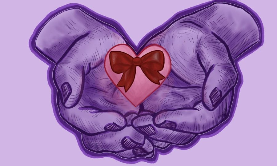 An illustration of purple hands cradling a pink heart with a bow.