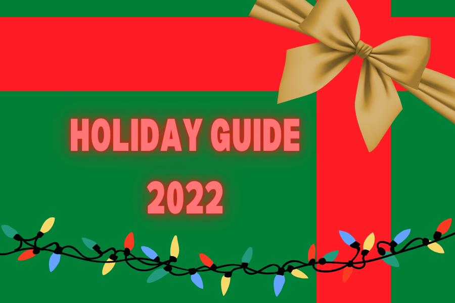 A green present with a red and gold ribbon and words that say Holiday Guide 2022. Christmas lights decorate the bottom.