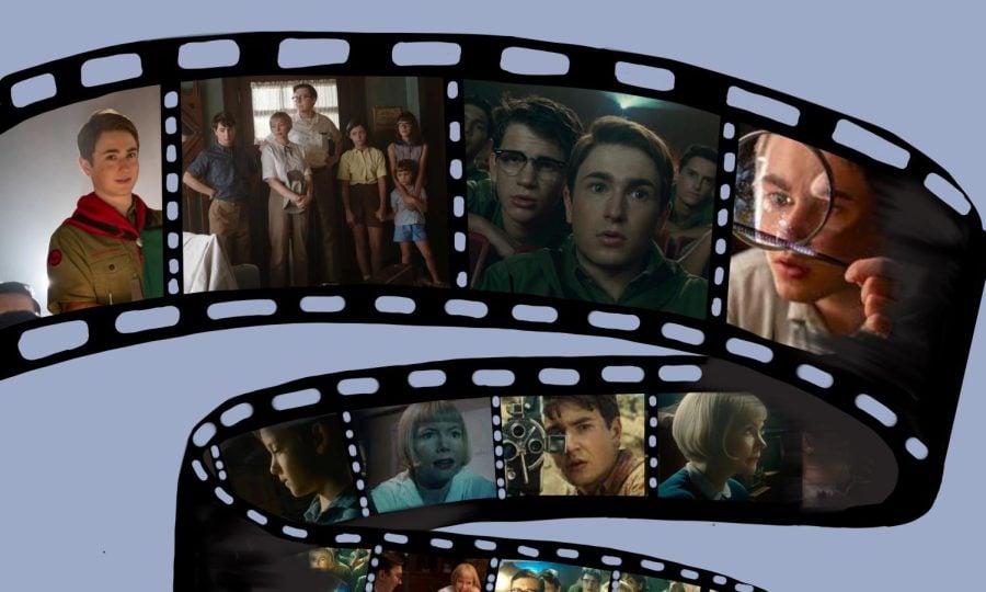An unfurled roll of film displays an array of photos featuring Sammy Fabelman and other characters from the film.