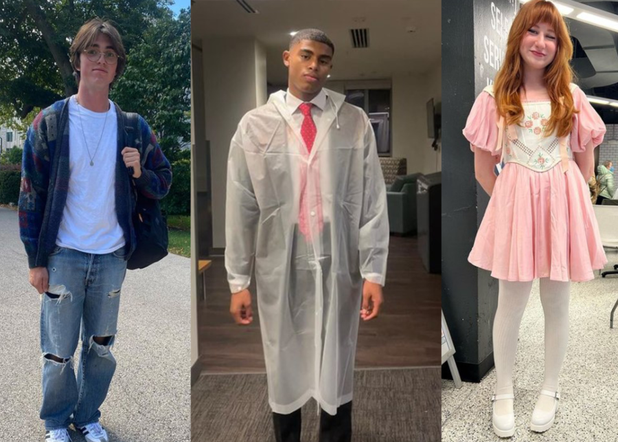 A person in a blue cardigan, white shirt and jeans stands on the left. In the middle, a person wears a suit with a red tie with a clear raincoat over it. On the right, a person wearing a pink dress and white corset poses for a photo.