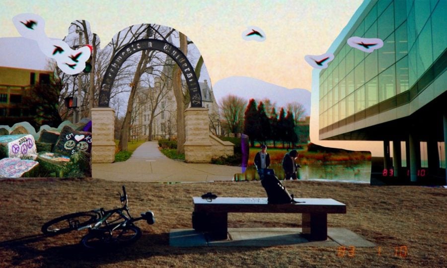 A collage of film photographs of campus landmarks like the Lakefill and The Arch.