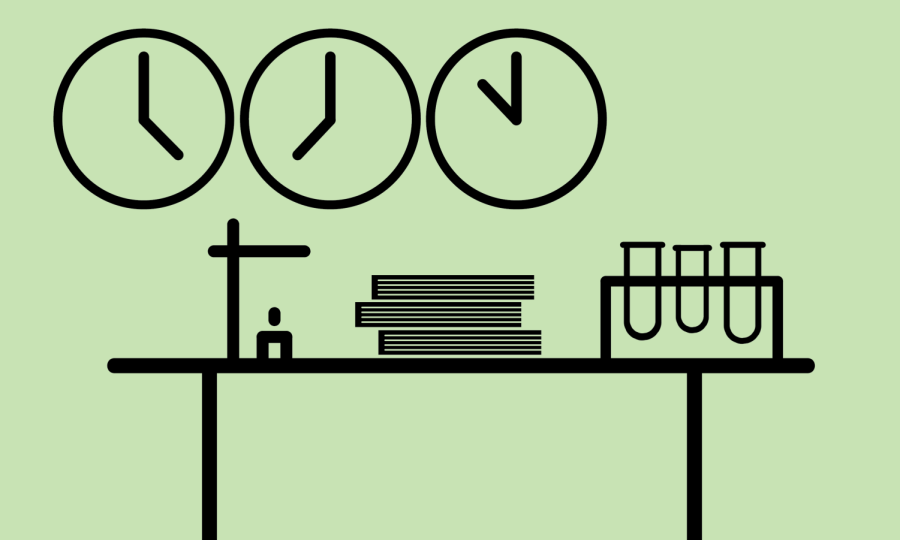 Table with three test tubes, books and a sink. Three clocks located above.
