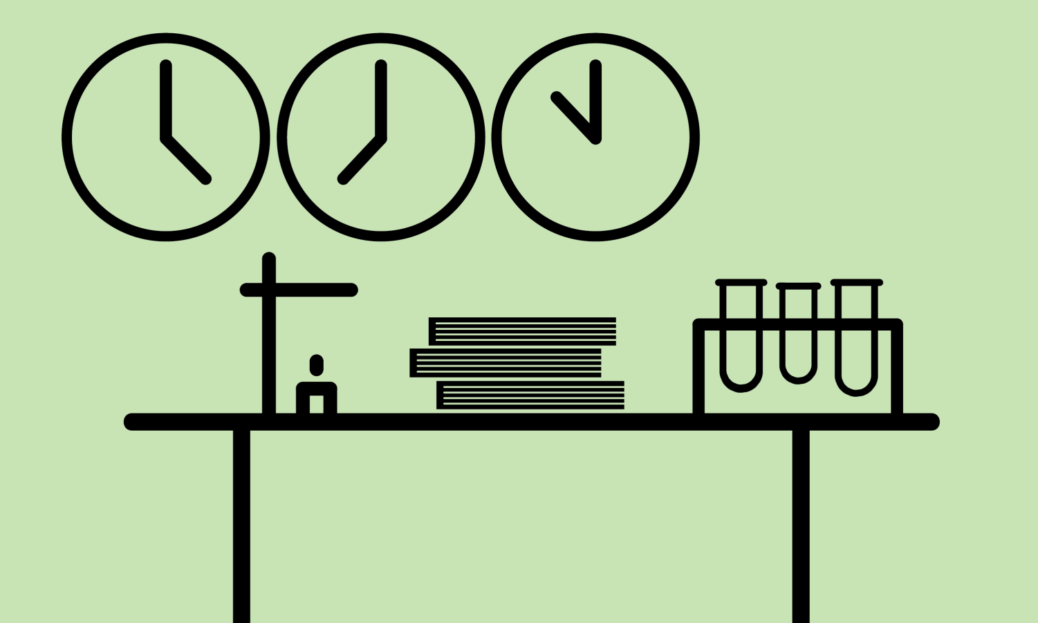 Table+with+three+test+tubes%2C+books+and+a+sink.+Three+clocks+located+above.