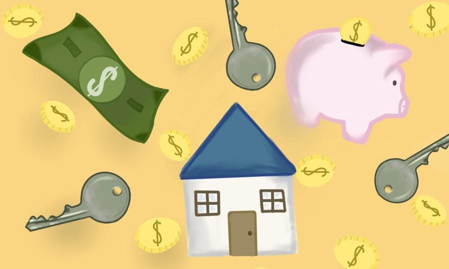 An illustration set on a yellow background depicts a small building surrounded by three house keys and dollar bills.