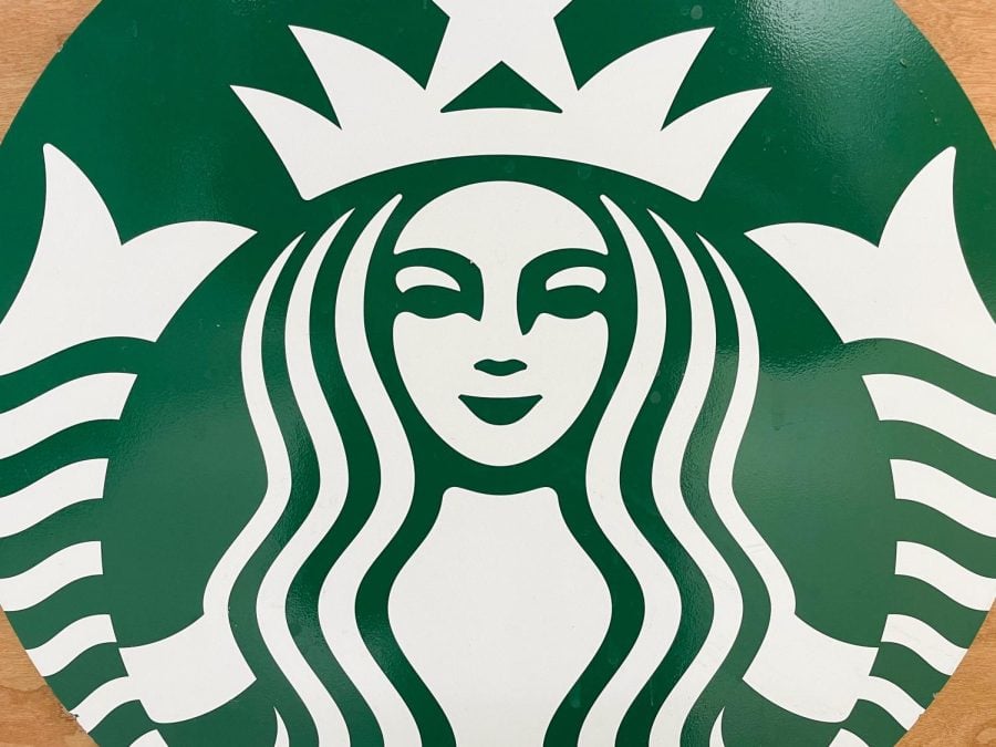 A close-up of the green Starbucks logo.