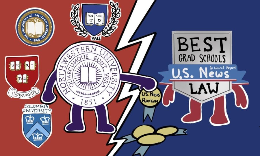Northwestern’s logo is displayed on a red background with other schools like Harvard, Yale, Georgetown and Stanford. On the other side, U.S. News and World Report’s logo is displayed on a blue logo, with a hand extending out of Northwestern’s logo dropping a medal on the floor.