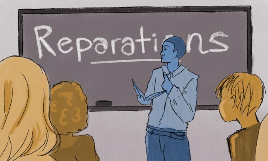 An illustration of a teacher in front of a blackboard with the word “Reparations” on it. Students sit in the foreground.