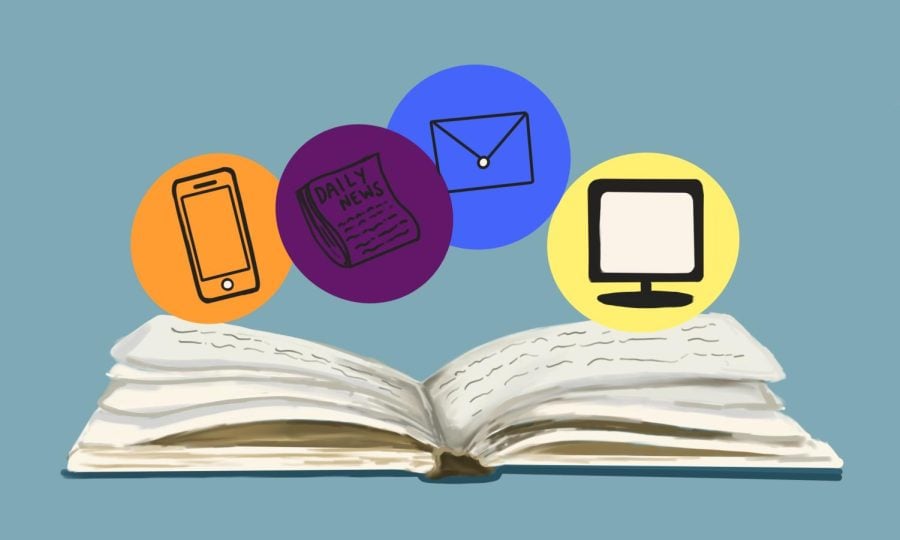 Illustration of an open book surrounded by orange, purple, blue and yellow icons relating to media literacy