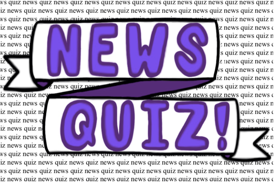 The words “news quiz” are in purple and are on a banner in front of text that says “news quiz” in smaller fonts.