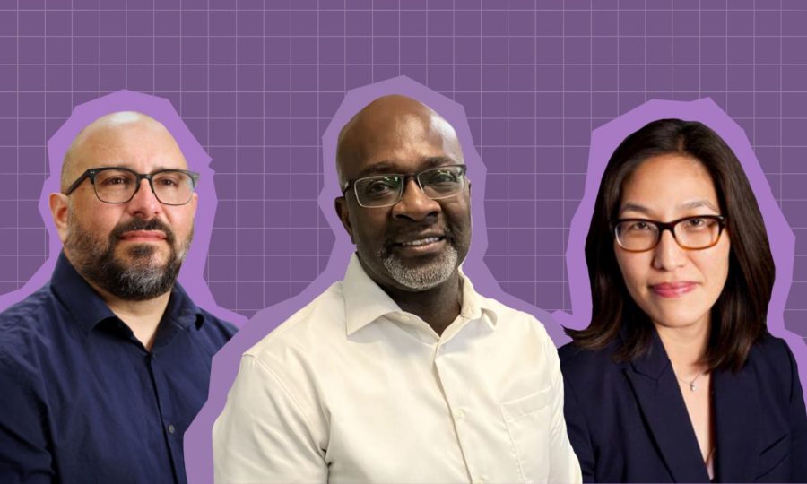 Three+people+stand+in+front+of+a+purple+background.