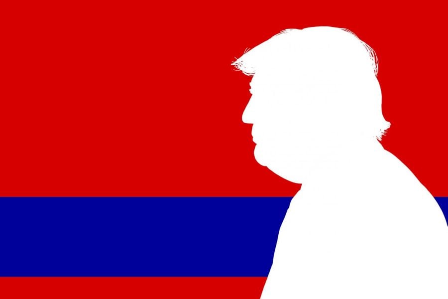 A white silhouette of President Donald Trump in front of a red and blue striped background.