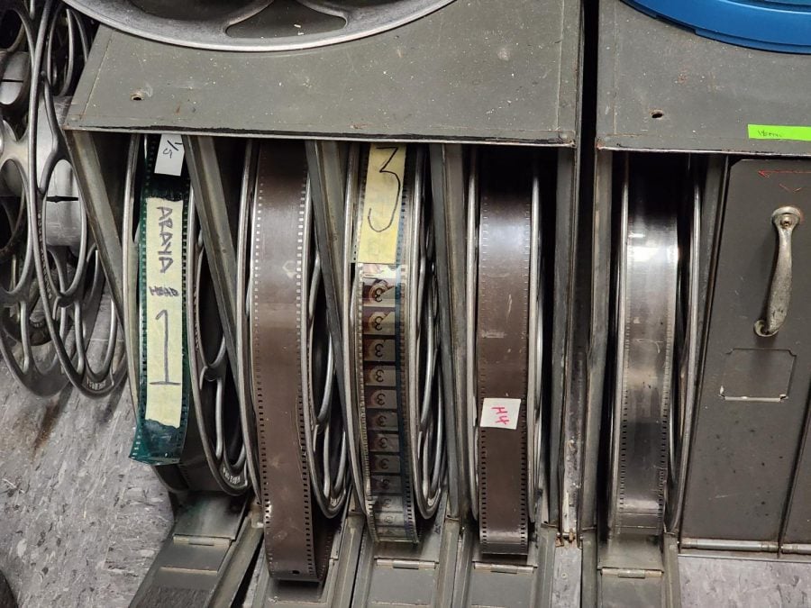 Five film reels in storage