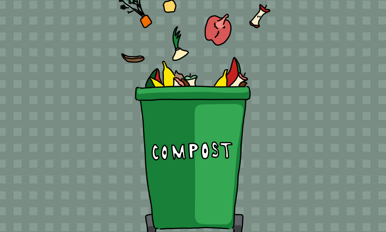 A+green+bin+labeled+%E2%80%9Ccompost%E2%80%9D+with+food+scraps+falling+into+it%2C+on+a+green+checkered+background.