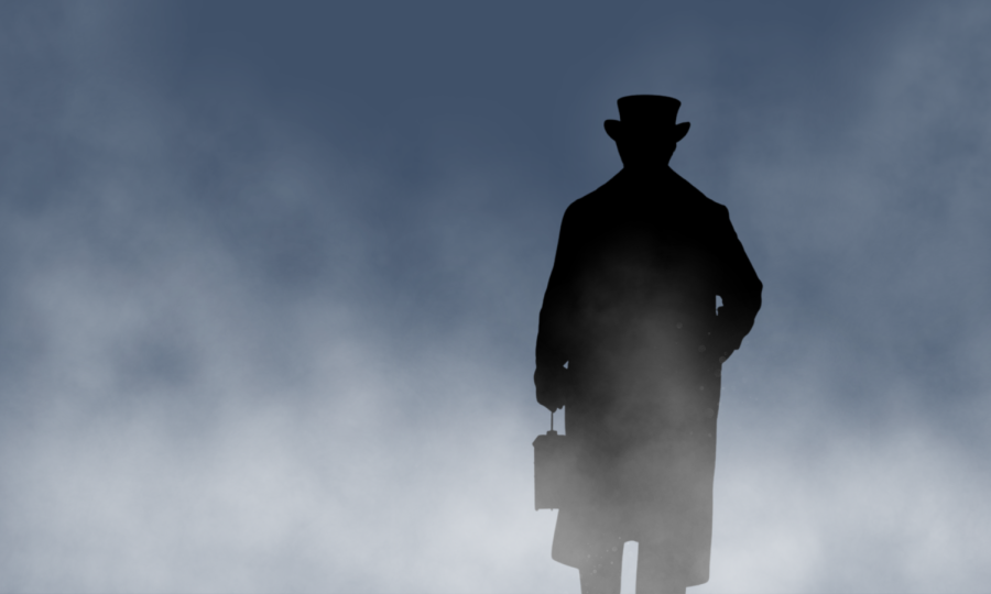 A silhouette of a man in a top hat breaks through a foggy background.