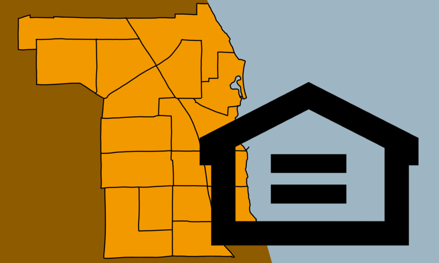 An orange map of Evanston next to an icon of a house with an equal sign inside.