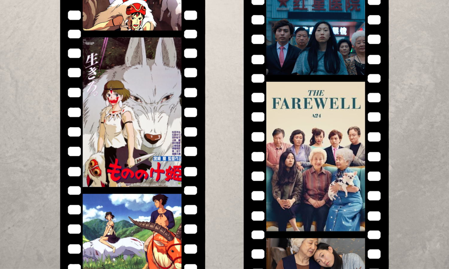Two+film+strips+with+posters+from+%E2%80%9CPrincess+Mononoke%E2%80%9D+and+%E2%80%9CThe+Farewell%E2%80%9D+are+side-by-side.