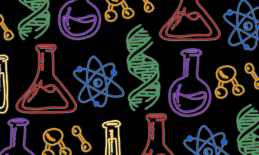 Science symbols, including beakers, molecules and DNA strands appear in multicolor against a black background.