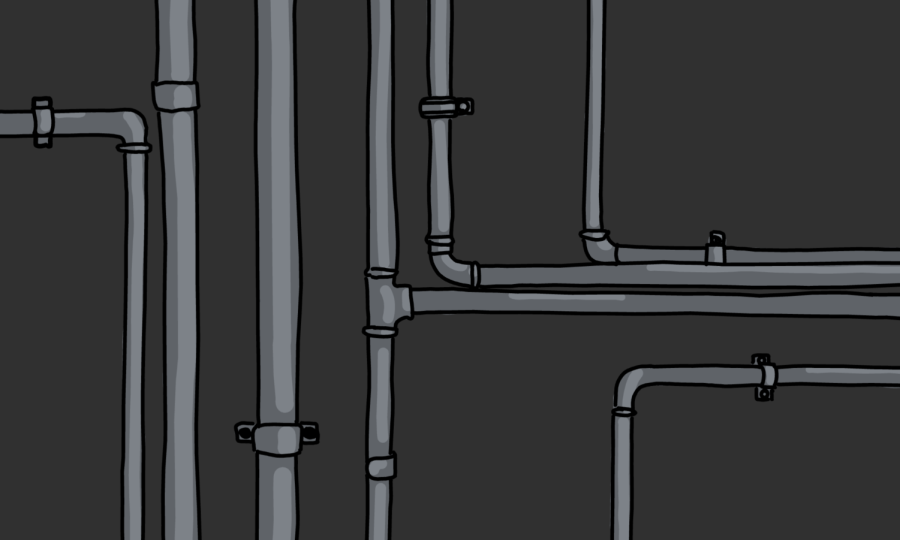 Several intertwining silver lead pipes on a black background.