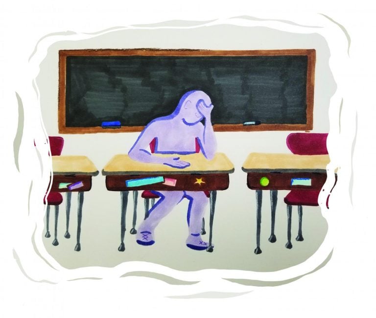 A figure in purple sits at a desk in a classroom, leaning their head against their hand.
