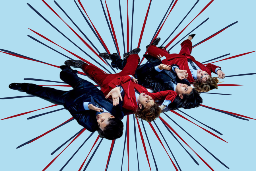 The four members of the band Måneskin cut from the album cover lie on their backs with blue and red lines extending outward from them.
