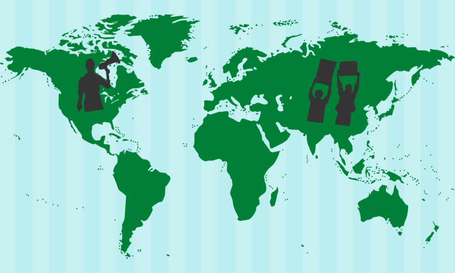 A green world map sits on a blue background. In the United States there is a silhouette of a person holding a megaphone, and in China there are silhouettes of two people holding up signs.