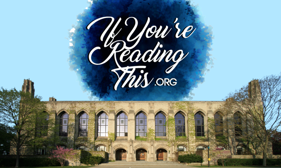 A blue circle that says “IfYou’reReadingThis.org” above Deering Library with a blue sky background.