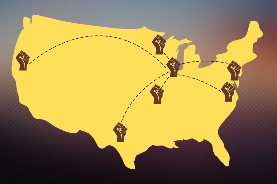 Yellow+map+of+the+U.S.+with+fists+placed+in+the+location+of+cities+with+reparation+programs.