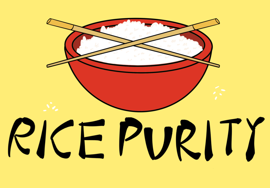A red bowl with white rice and chopsticks on a yellow background. The words Rice Purity are in black text underneath the bowl.
