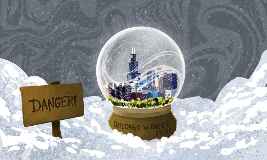 Snow globe next to a “Danger!” sign and containing a snowy downtown Chicago.