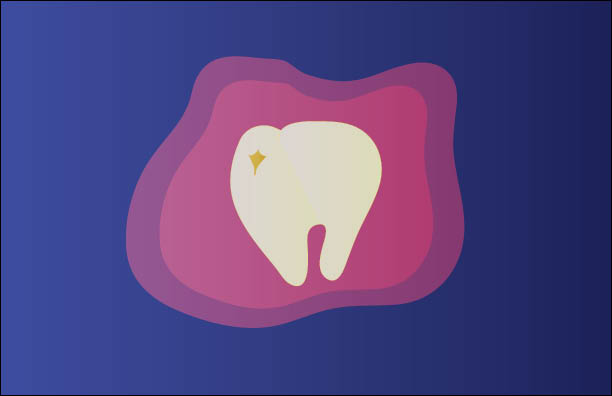 A white tooth located in a pink circle-shaped mass.