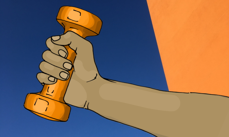 A hand holds an orange weight on an orange and blue background.