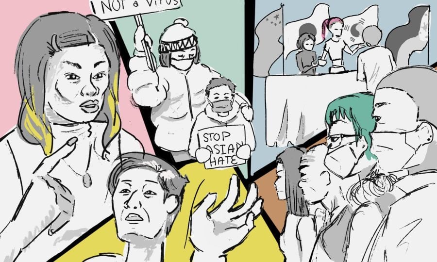 Sketches of Asian people in several scenarios. Some hold “Stop Asian Hate” signs and others stand in front of Asian flags.