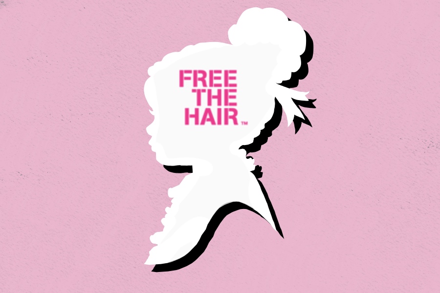 White silhouette of head and shoulders with a ribbon tied in hair. The text “FREE THE HAIR” is in the center, written in capital letters against a pink backdrop.