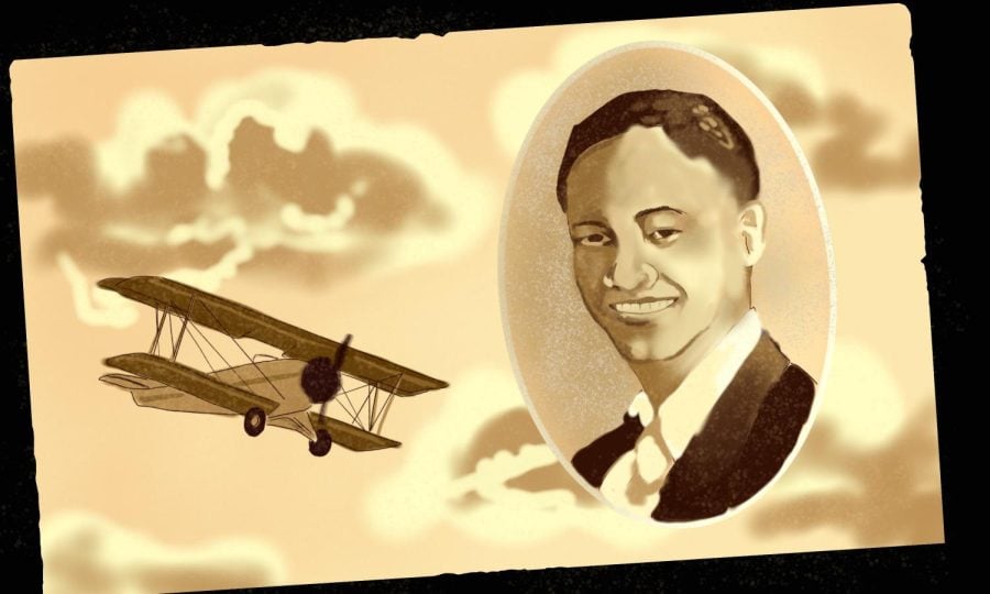 A portrait of a man in a suit superimposed on a sepia-toned image of an old plane.