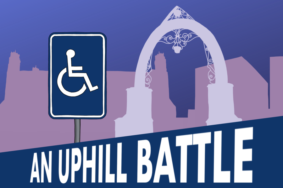 An illustration of a dark blue ramp with the phrase An Uphill Battle written across it. In the background, there is a wheelchair sign next to a light purple silhouette of Weber Arch and darker purple silhouettes of Deering Library and Locy Hall.