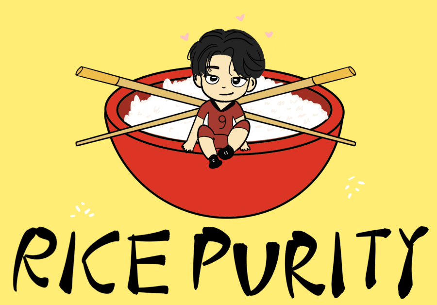 An illustration showing the title of the column Rice Purity under a red bowl of white rice with chopsticks.