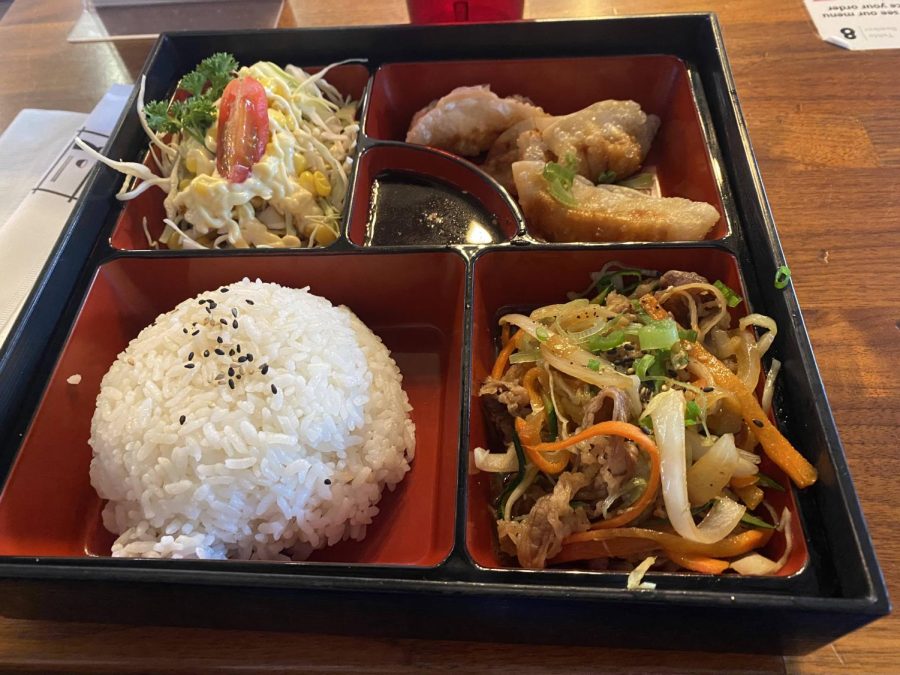 A plate of food with a side salad in the upper left corner, dumplings in the upper right, rice in the lower left and beef and vegetables in the lower right.