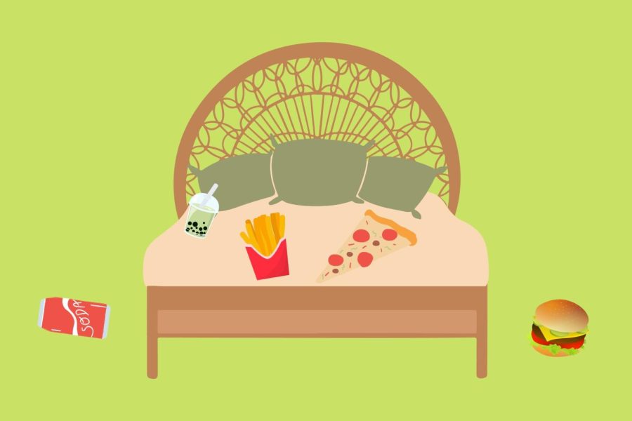 Bed against a lime green background with boba, pizza, french fries, a burger and soda.