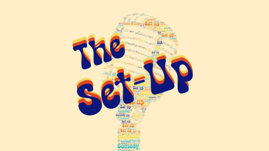 A microphone is made up of comedy words with the words ‘The Set-Up’ in front