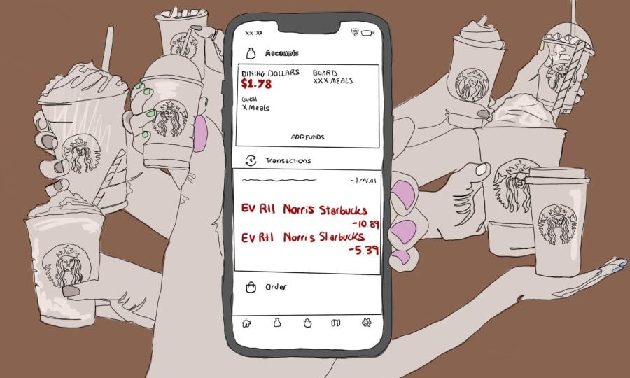 Illustration of phone depicting Norris University Center Starbucks charges, with people holding drinks in the back.