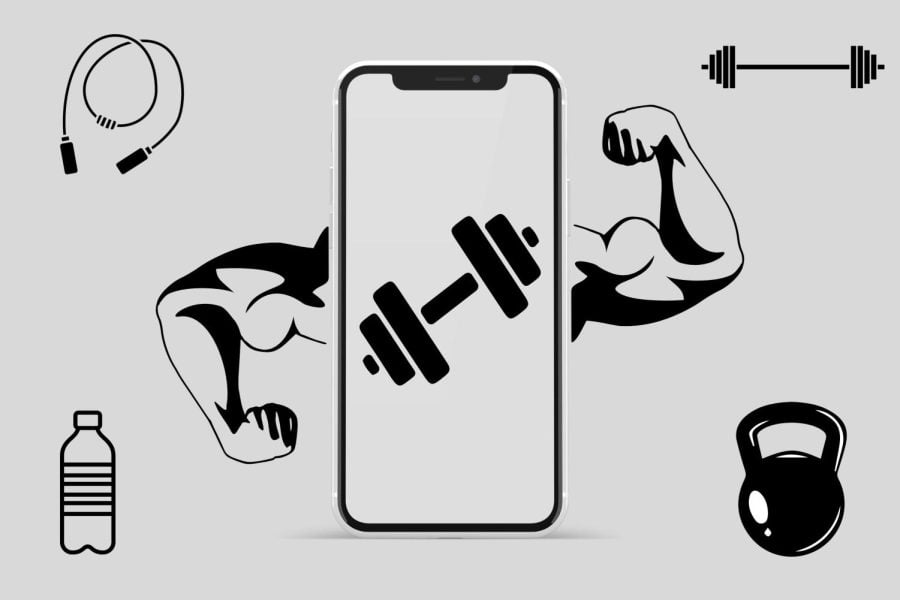 An illustration shows a smartphone with muscles bulging out of it. In the corners are dumbbells, bars and water.