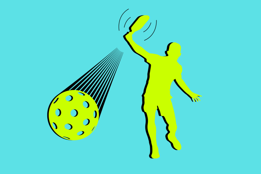 A green ball moves in front of a green figure holding a pickleball paddle.
