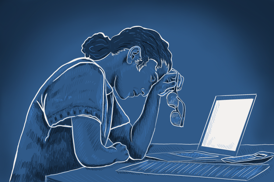 Illustration of a student looking tired in front of schoolwork.