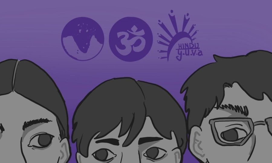 The faces of three individuals located below logos for The Subcontinent Project, Hindu YUVA and OM at Northwestern.