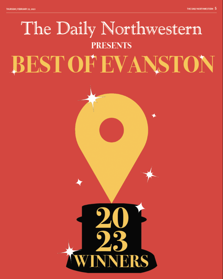 A gold and black trophy that reads 2023 Winners against a red background with the words Best of Evanston written in gold at the top.