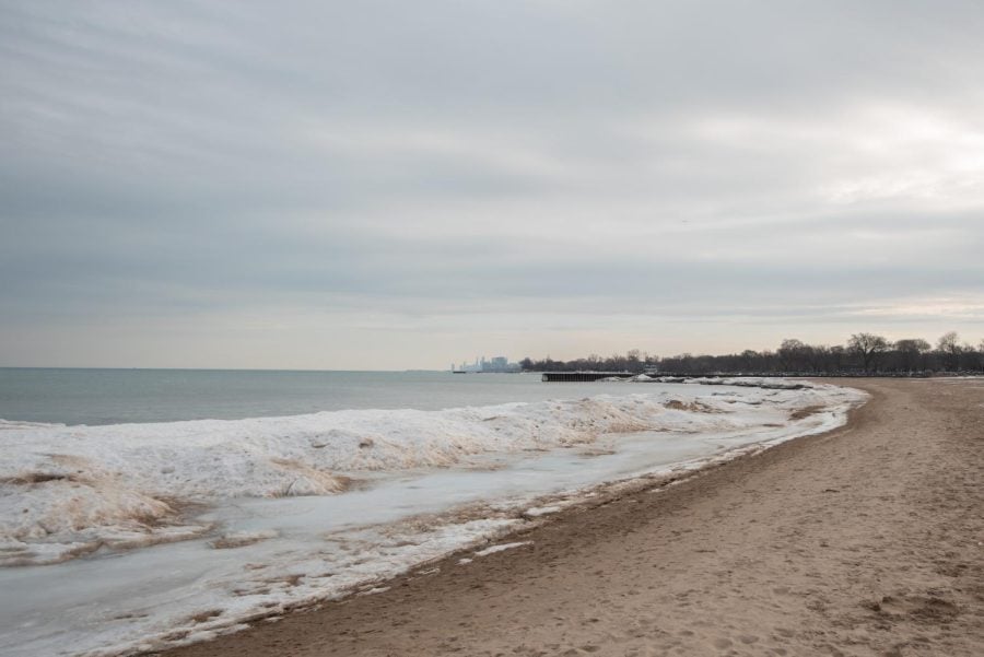 The shore of Lake Michigan with the Chicago skyline in the background.